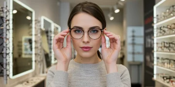 Gafas Perfectas 2025: Guía para tu Rostro y Estilo Mujer probándose gafas modernas en una óptica, buscando el estilo perfecto para su rostro ovalado en 2025.