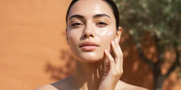 Glass Skin en 6 Semanas: Belleza Coreana Adaptada a España Mujer joven con 'glass skin' radiante, tocando su mejilla con delicadeza, con un fondo suave que sugiere un ambiente español.