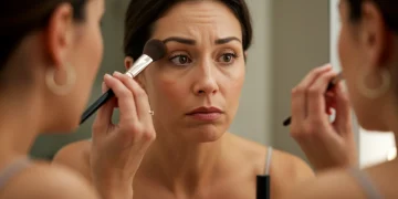 Mujer aplicándose maquillaje frente a un espejo, concentrada en su rutina de belleza.