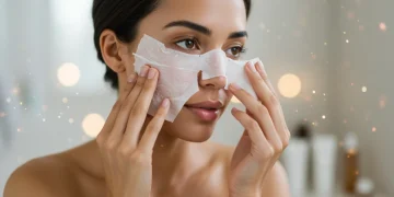 Mascarillas Faciales 2025: Resultados Visibles en 30 Minutos Mujer retirando una mascarilla facial, mostrando una piel radiante y fresca.