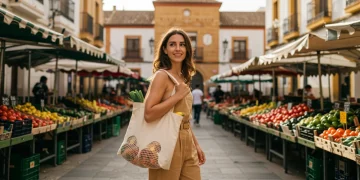 Moda Sostenible España: El Coste Oculto de Tu Ropa al descubierto Mujer comprando en un mercado sostenible en España con ropa elegante y duradera, simbolizando el ahorro a largo plazo.