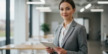 Potencia tu imagen profesional en 2025: vestuario y confianza laboral Mujer profesional segura de sí misma con un traje de negocios moderno en una oficina contemporánea, transmitiendo confianza y éxito.