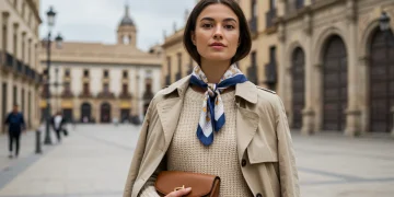Mujer elegante con superposición de prendas en un entorno urbano español, preparada para el clima variable.