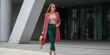 Mujer elegante y segura con vestuario que mezcla los 5 tonos clave de 2025, proyectando modernidad y estilo.