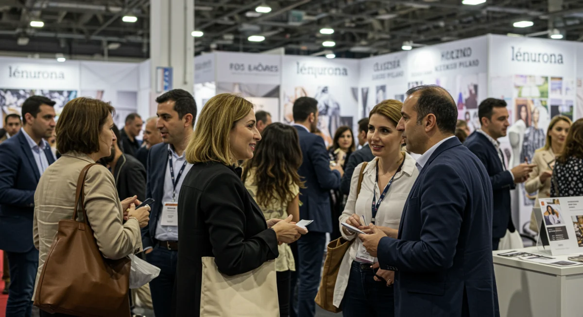 Profesionales de la moda interactuando y haciendo networking en una feria comercial en España.