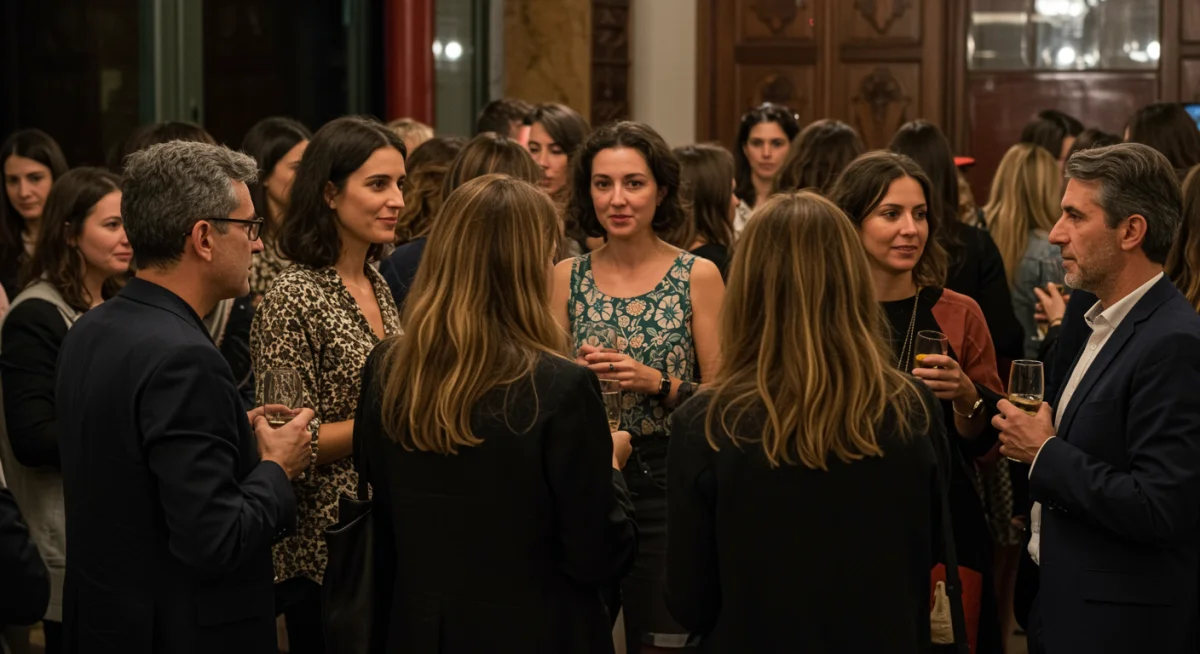 Profesionales de la moda interactuando y haciendo networking en un evento en España, simbolizando la colaboración y el futuro de la industria.