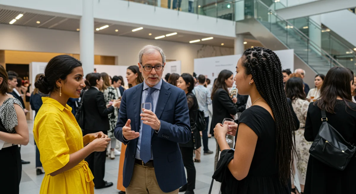 Diseñadores y compradores internacionales interactuando en un evento de moda en España.