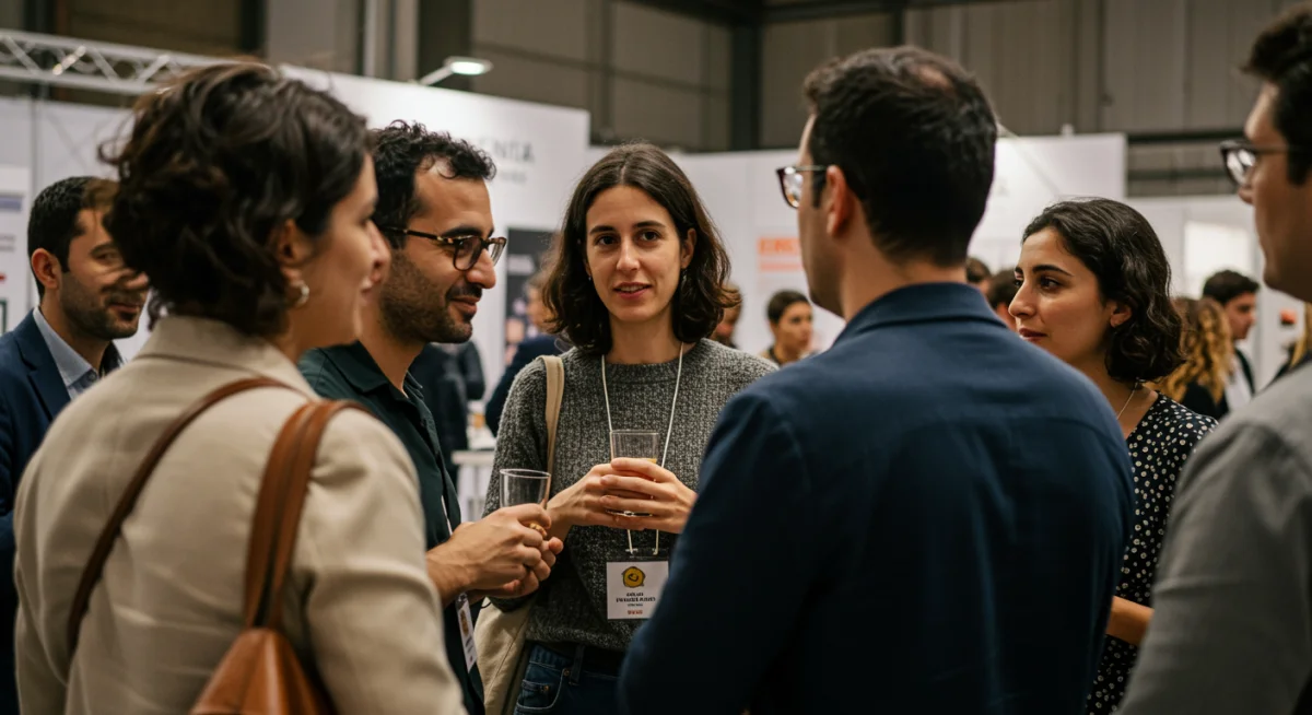 Diseñadores y empresarios interactuando en un foro de moda sostenible, mostrando materiales innovadores y prácticas éticas.