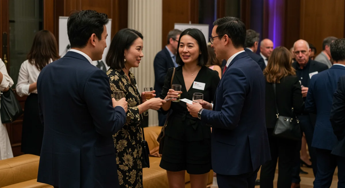 Profesionales de la moda haciendo networking e intercambiando tarjetas en un evento del sector.