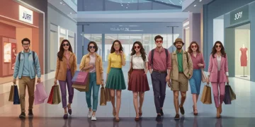 Mujeres y hombres exhibiendo una paleta de colores personal armoniosa en un entorno urbano moderno, símbolo de compras conscientes y estilo individual.