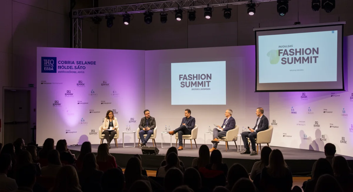 Expertos de la industria de la moda participando en un panel de discusión en una cumbre de moda en España.