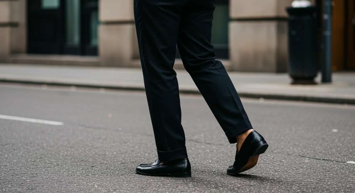 Pantalones negros de sastre y mocasines de cuero, mostrando un estilo profesional y atemporal.