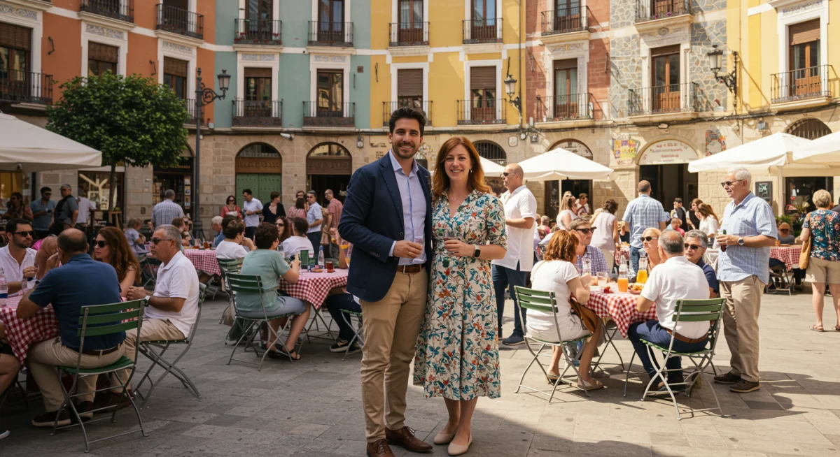 Pareja vestida de smart casual en un evento al aire libre en una ciudad española.