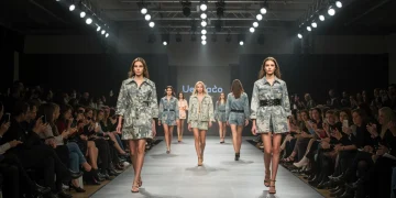 Modelos desfilando en una pasarela con diseños de alta costura durante un evento de moda en España.