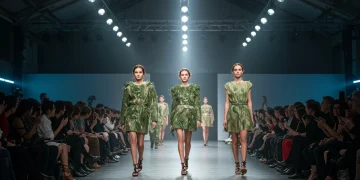 Innovación en Diseño: Temas Clave Eventos Moda España 2025 Pasarela de moda futurista en España, con diseños innovadores que fusionan elementos naturales y tecnológicos.