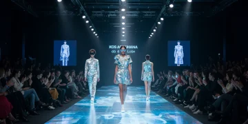 Innovaciones Tecnológicas en Eventos de Moda España 2025 Pasarela de moda futurista en España con proyecciones de realidad aumentada y modelos interactuando con tecnología.