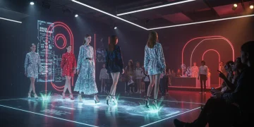 Pasarela de moda futurista en un entorno virtual inmersivo, destacando la interacción digital y la innovación en eventos de moda.