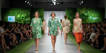 Pasarela de moda sostenible en España con diseños ecológicos y público atento.