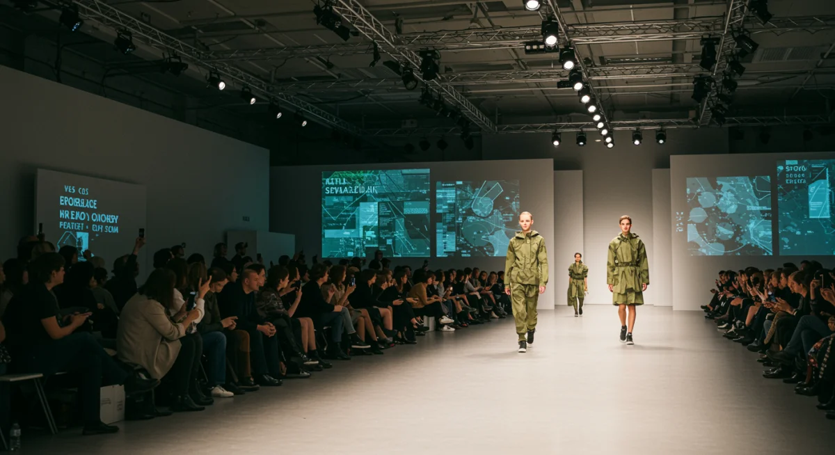 Pasarela de moda futurista con diseños sostenibles e iluminación innovadora