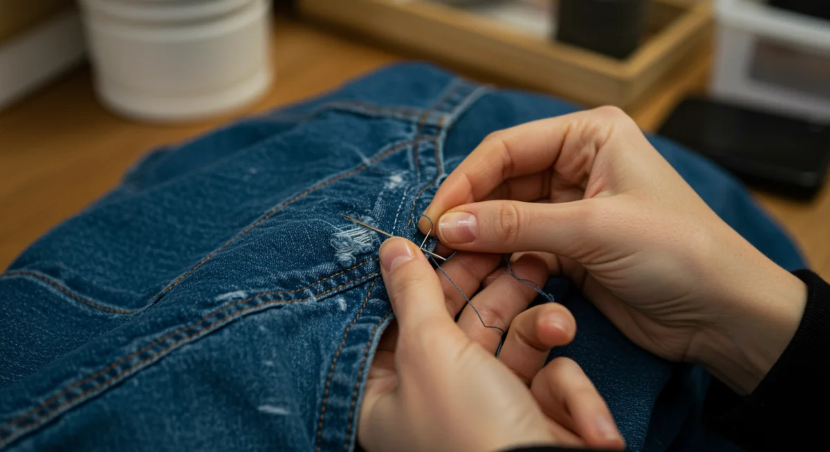 Persona cosiendo un pequeño desgarro en una chaqueta vaquera, simbolizando la reparación de prendas.