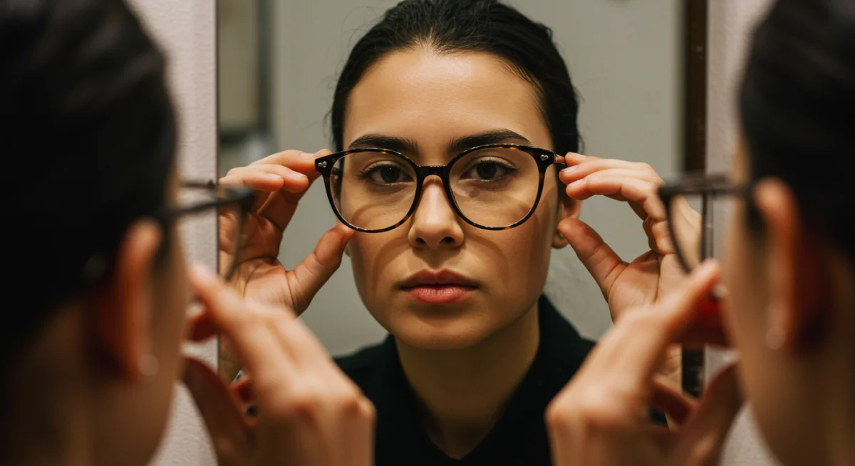 Persona mirándose al espejo con gafas de moda de gran tamaño, evaluando el ajuste y el atractivo estético.