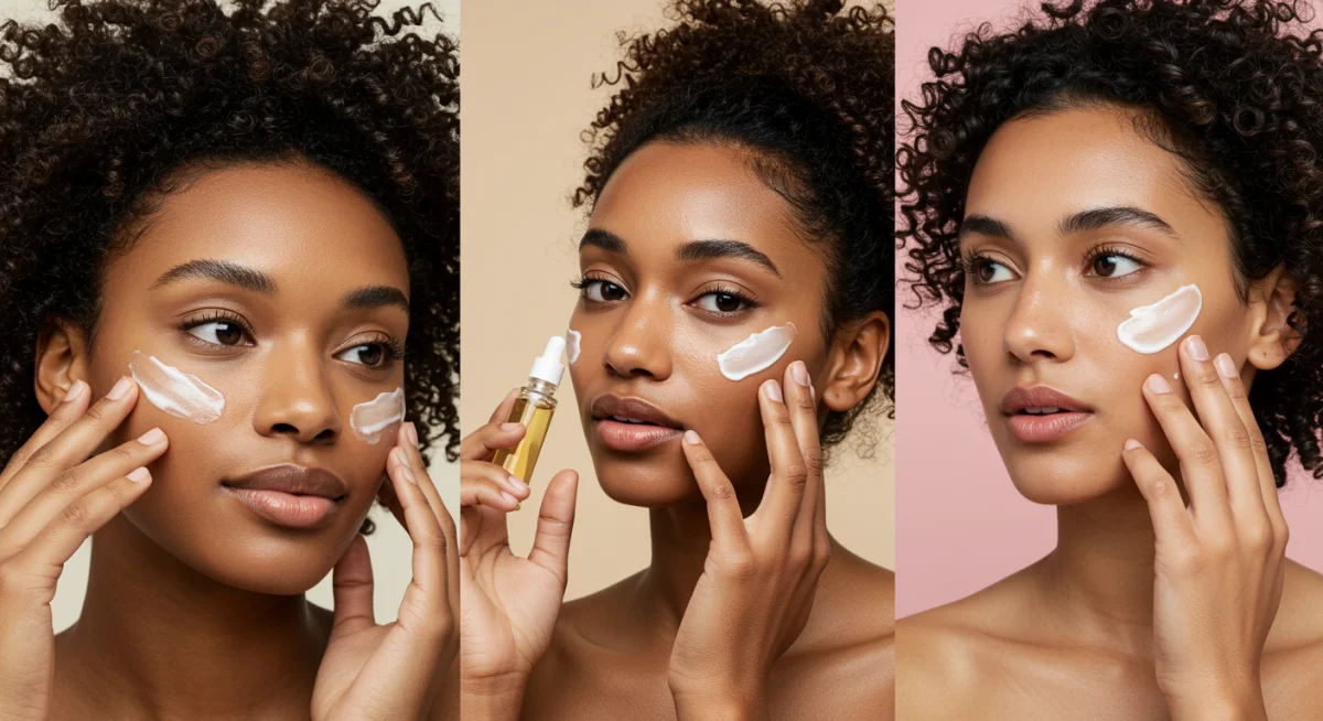 Personas aplicando diversos productos de cuidado de la piel en su rutina de belleza.