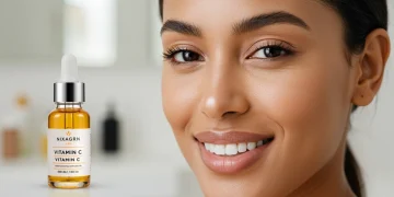 Sérums Vitamina C Expertos Españoles: Piel Luminosa 8 Semanas Mujer con piel luminosa y radiante, aplicando sérum de vitamina C para un cutis uniforme.