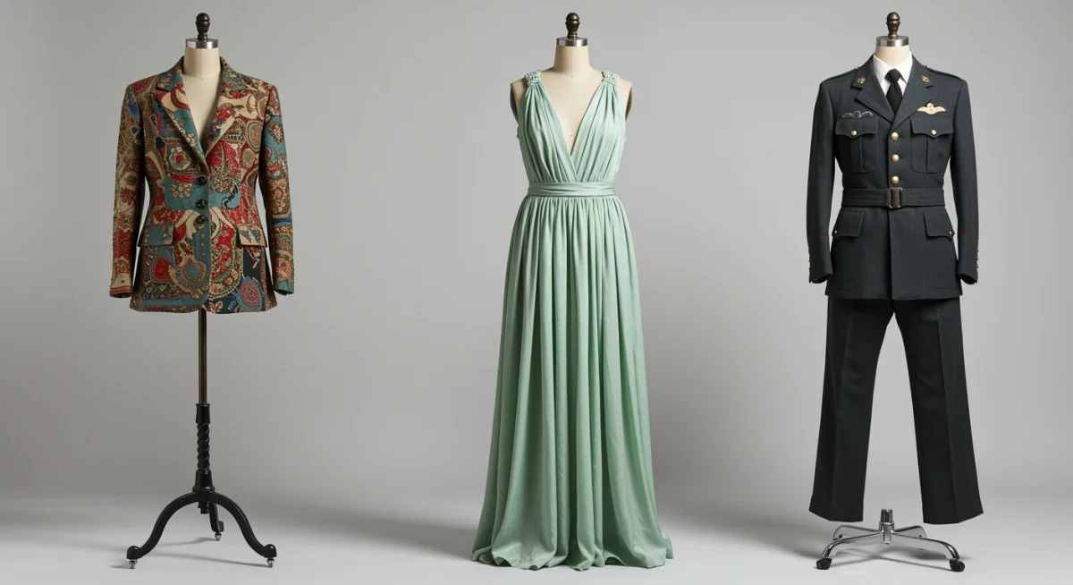 Tres prendas upcycled, un blazer, un vestido y unos pantalones, expuestas en maniquíes, ejemplificando la creatividad en moda sostenible.