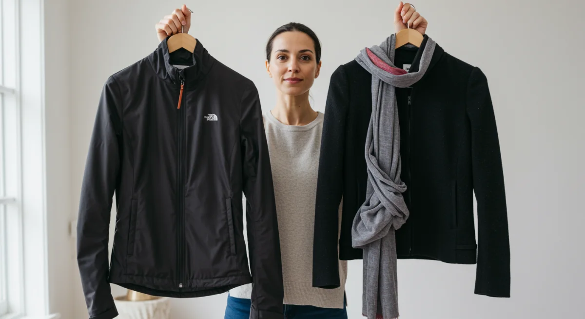 Persona mostrando prendas versátiles como una chaqueta reversible y un pañuelo multiusos, ideales para un viaje.