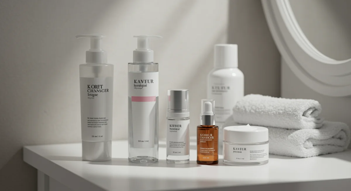 Selección de productos de cuidado facial coreano, incluyendo limpiadores, tónicos y sueros, dispuestos en un tocador minimalista.