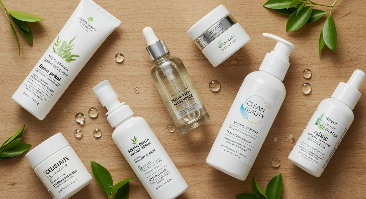 Productos de 'clean beauty' con ingredientes naturales dispuestos sobre madera.