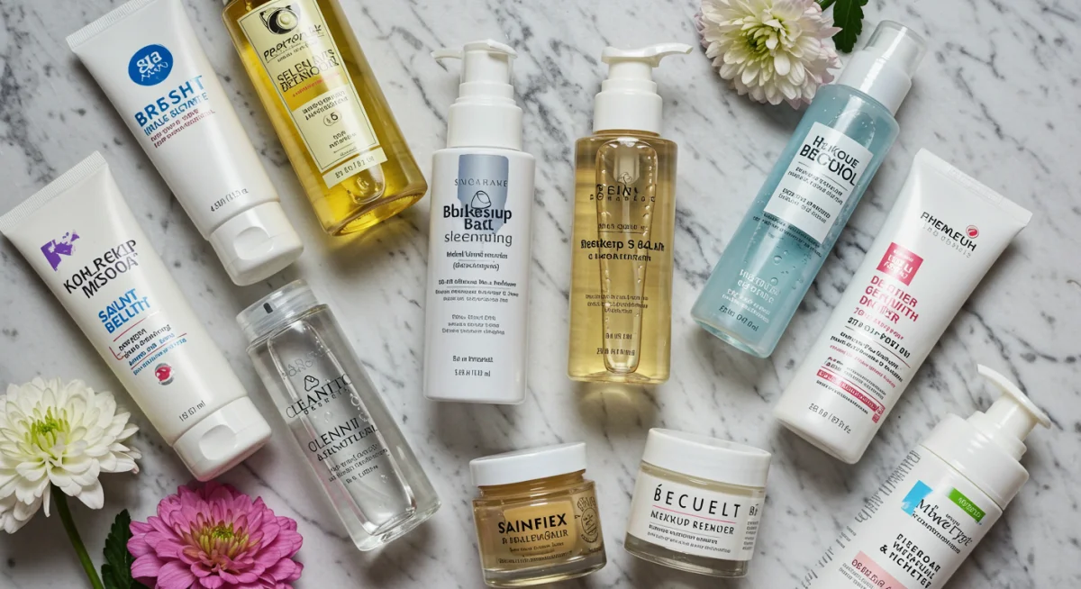 Variedad de productos desmaquillantes esenciales para una rutina de limpieza facial completa.