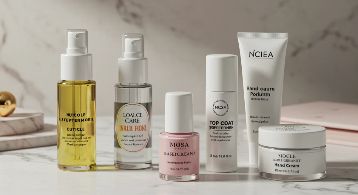 Selección de los cinco productos esenciales para el cuidado de uñas en 2025, dispuestos sobre una superficie elegante.