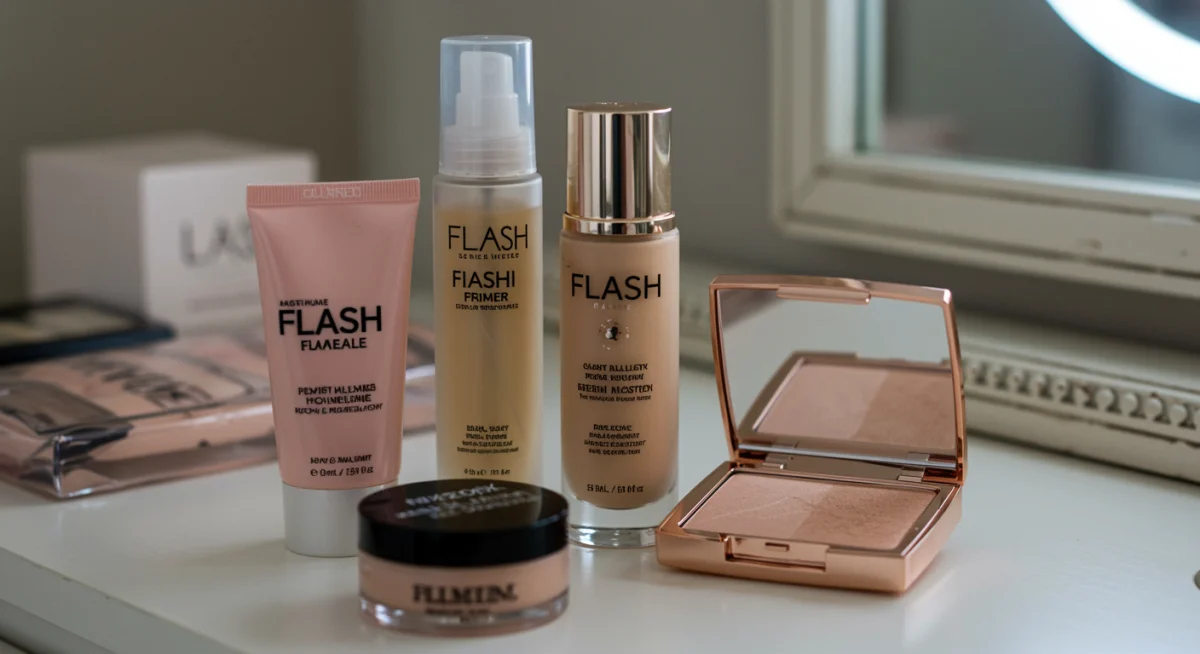 Productos de maquillaje esenciales para lograr un efecto 'flash' luminoso y duradero.