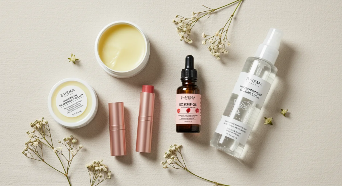 Disposición de productos de belleza multiusos, destacando su versatilidad y eficacia en la rutina diaria.