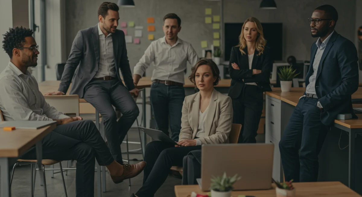 Grupo diverso de profesionales en un espacio de co-working, vestidos con atuendos smart casual, colaborando y reflejando la moda de oficina actual.