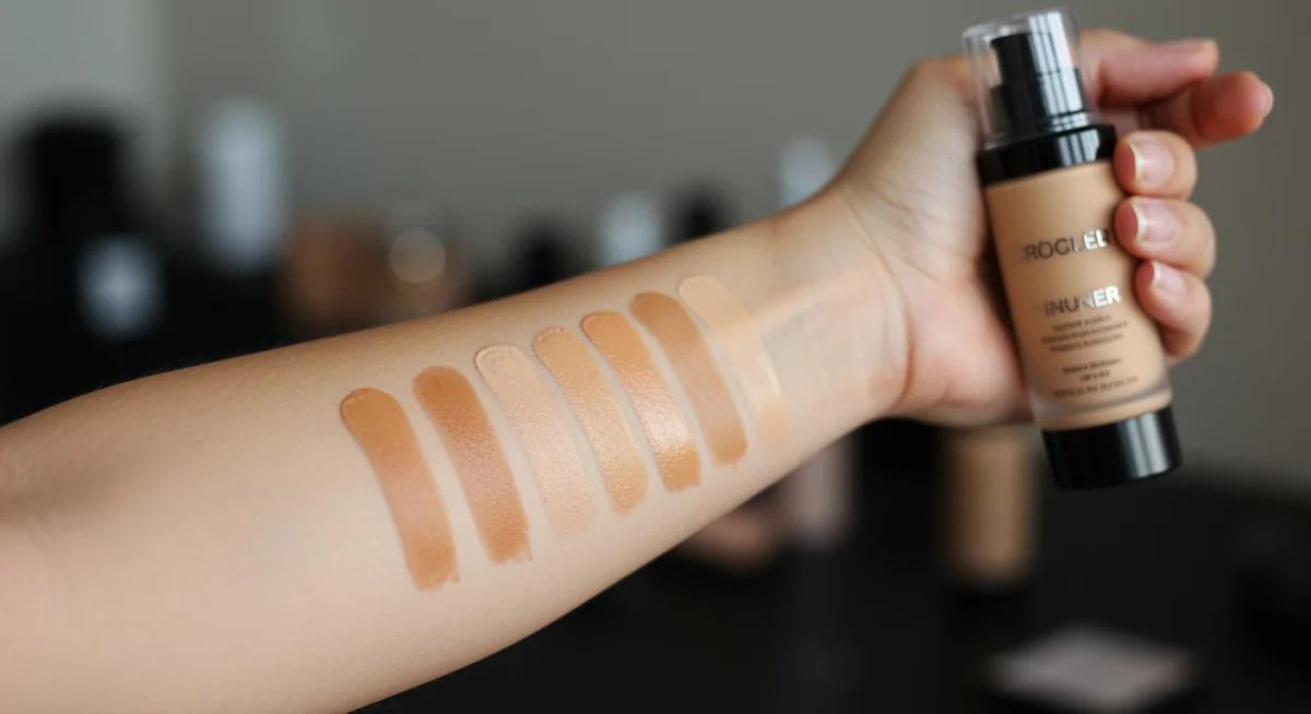 Persona realizando pruebas de tonos de base de maquillaje en el brazo para encontrar la combinación perfecta.