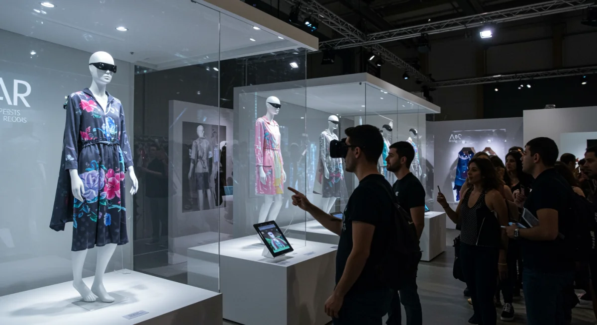 Compradores experimentando con realidad aumentada en un evento de moda, señalando la digitalización y personalización en el consumo.
