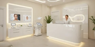 Insider: Las 5 mejores clínicas de estética España 2025 Recepción moderna de una clínica de medicina estética de vanguardia en España, con pantallas mostrando tratamientos faciales avanzados.