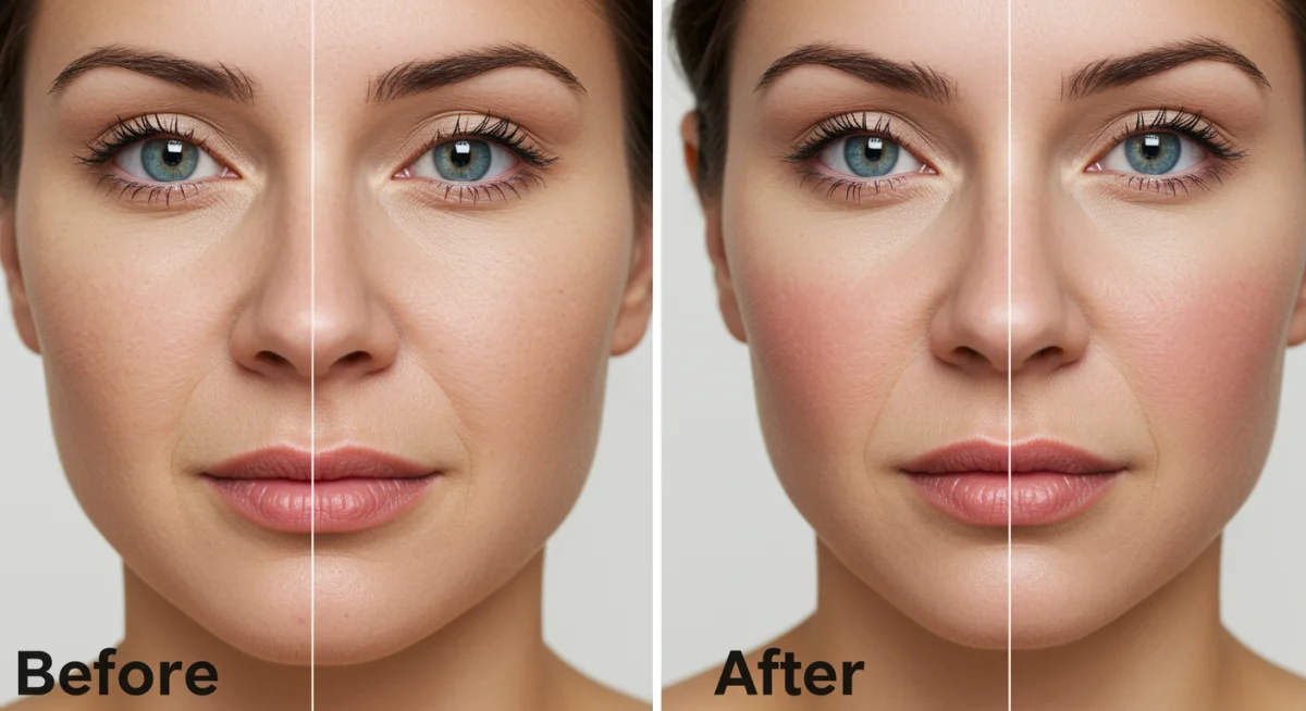 Comparativa antes y después de rellenos de ácido hialurónico, mostrando volumen restaurado en pómulos y labios.