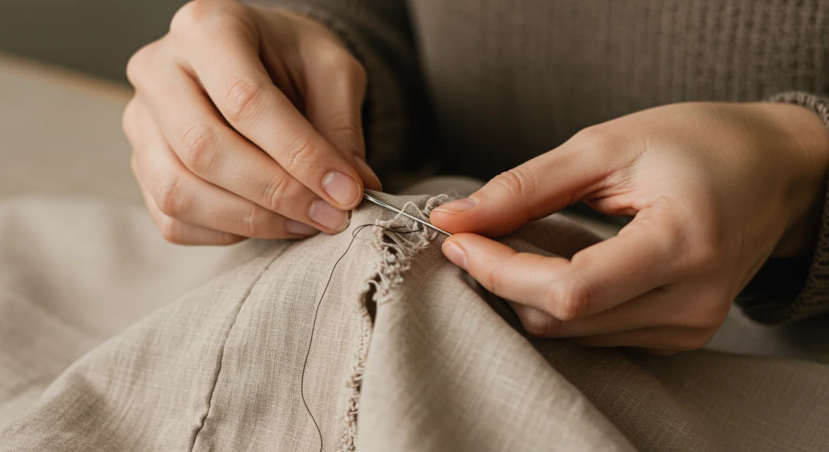 Manos cosiendo y reparando una prenda de ropa, simbolizando la durabilidad y el cuidado textil.