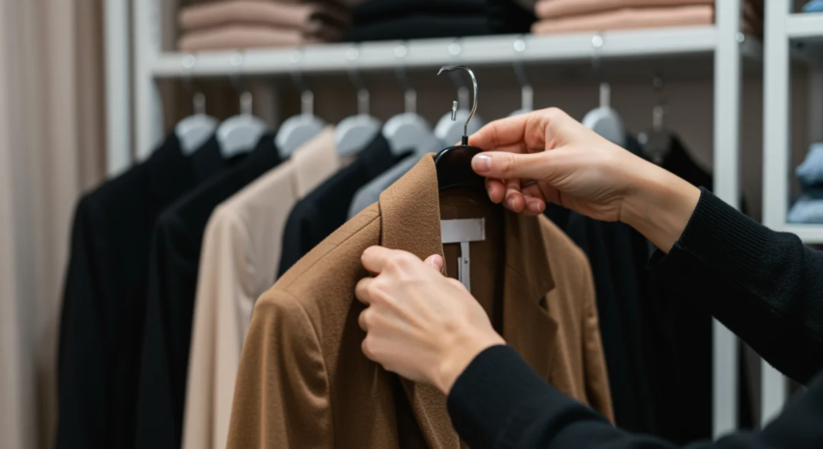 Manos seleccionando una prenda de un perchero lleno de ropa de alquiler de alta calidad, destacando la variedad y el cuidado.