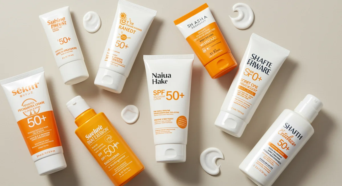 Variedad de protectores solares SPF 50+ recomendados por dermatólogos en España, exhibidos sobre una superficie limpia.