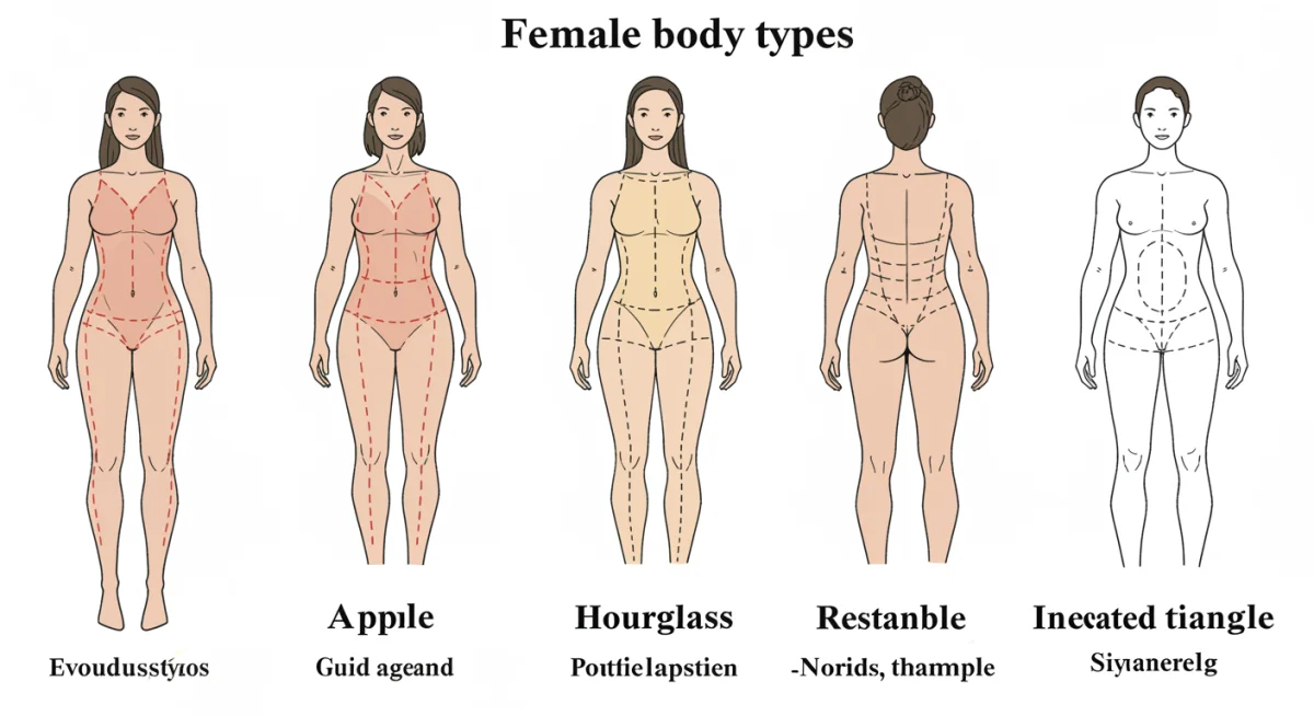 Ilustración de siluetas femeninas: manzana, pera, reloj de arena, rectángulo y triángulo invertido, con consejos de estilo.