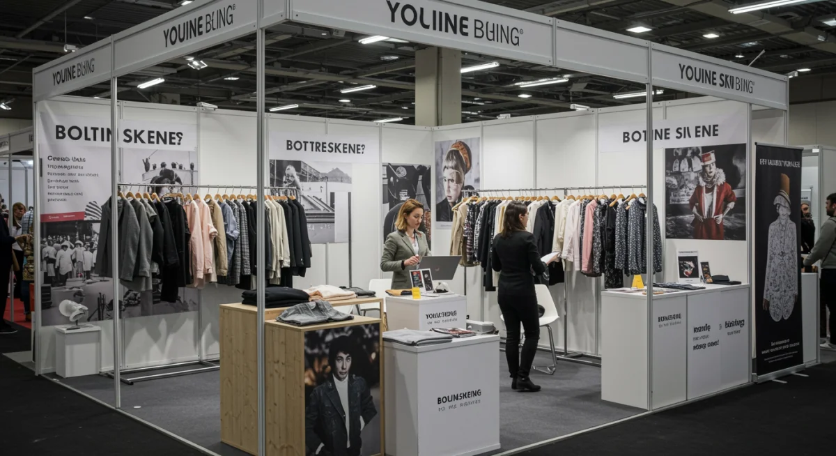 Stand de marca de moda profesional en una feria, con ropa expuesta y representante interactuando.