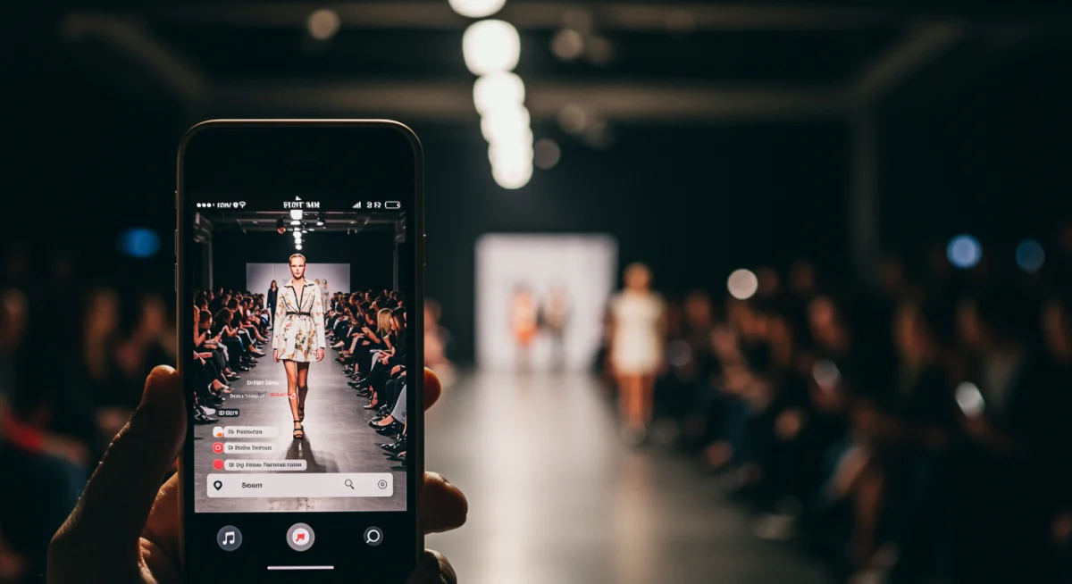 Pantalla de smartphone mostrando una transmisión en vivo de un desfile de moda con comentarios interactivos de la audiencia.