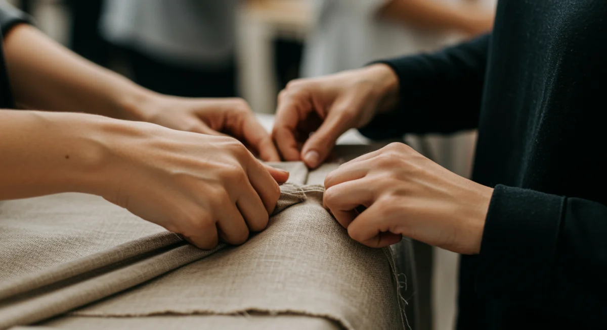 Manos trabajando con tejidos orgánicos y sostenibles en un taller de moda, destacando la artesanía y la calidad.