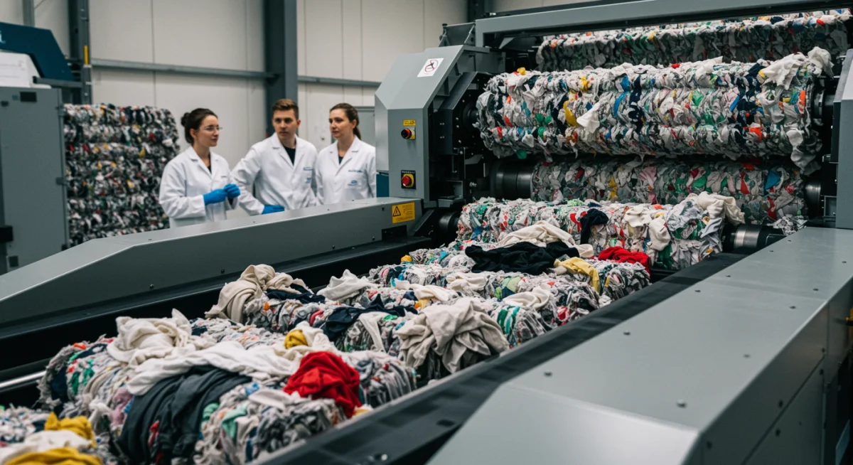 Máquina de vanguardia clasificando residuos textiles por color y composición, optimizando el proceso de reciclaje.