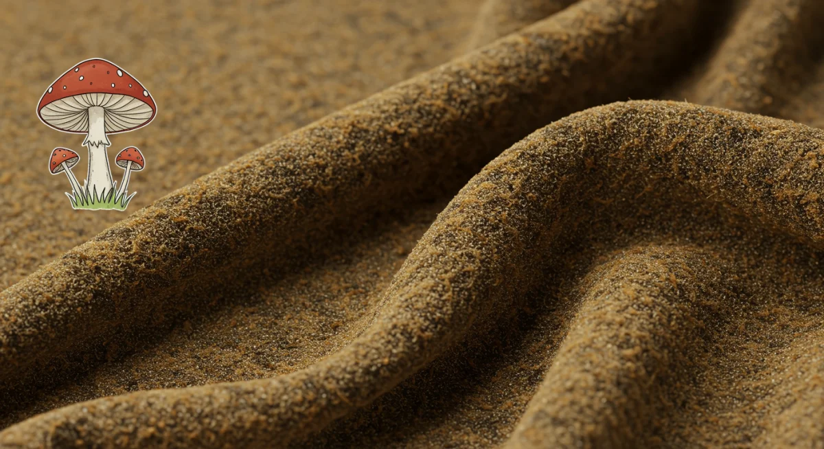 Primer plano de un tejido de micelio con textura orgánica, mostrando su potencial innovador en la moda.