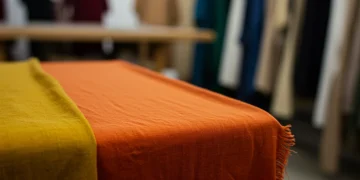 Tejido vibrante teñido con tintes naturales, reflejando la innovación en la moda española sostenible.